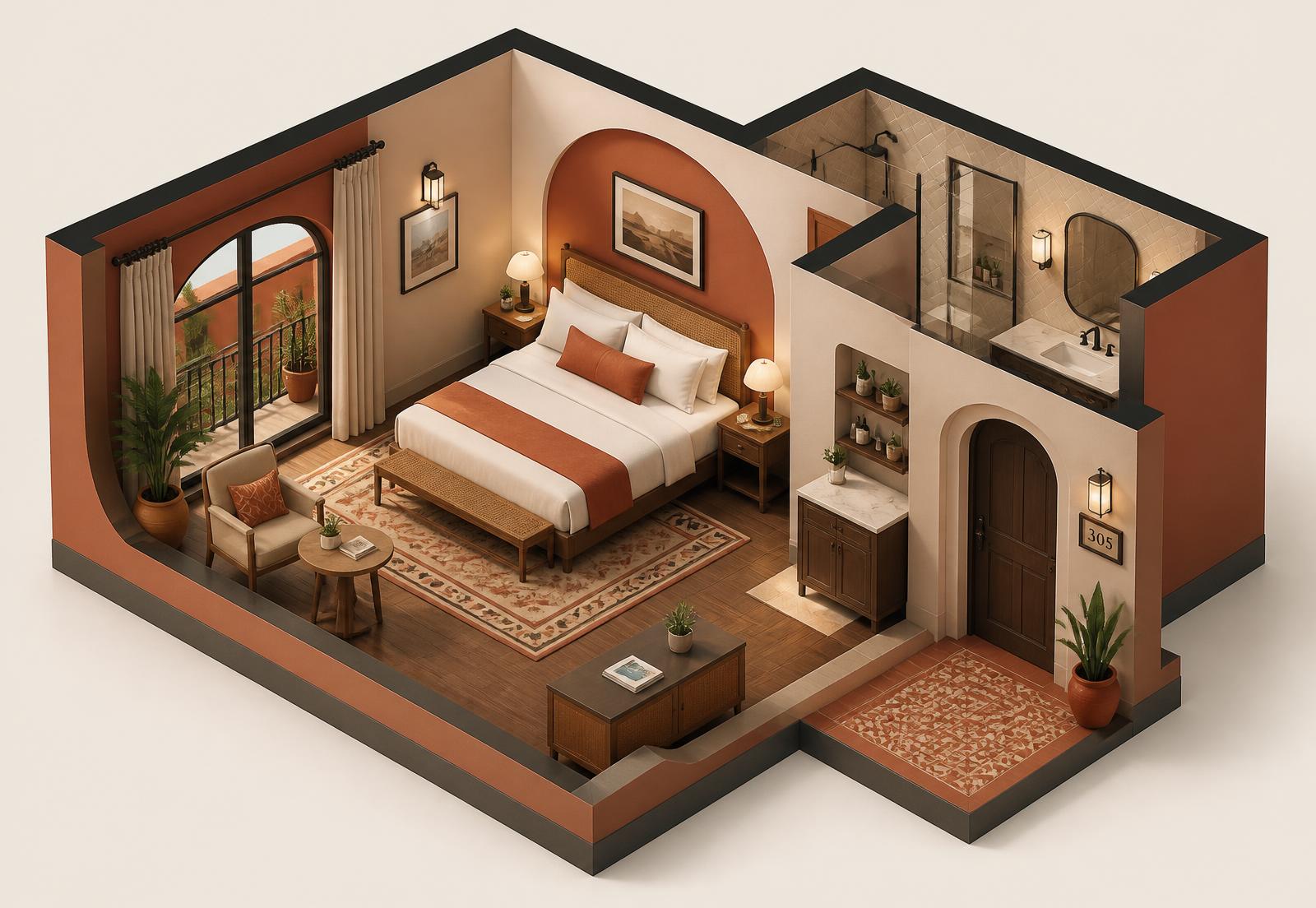2.5D isometric cutaway diorama of a boutique hotel guest room