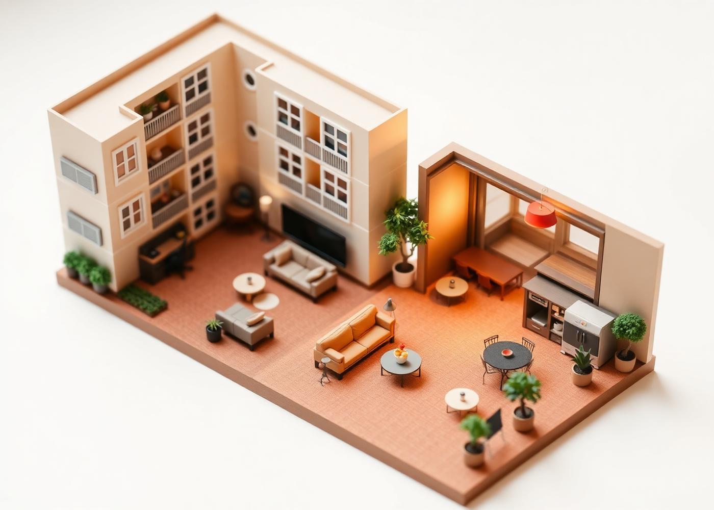 2.5D dioramas of a senior living lounge and a conference room