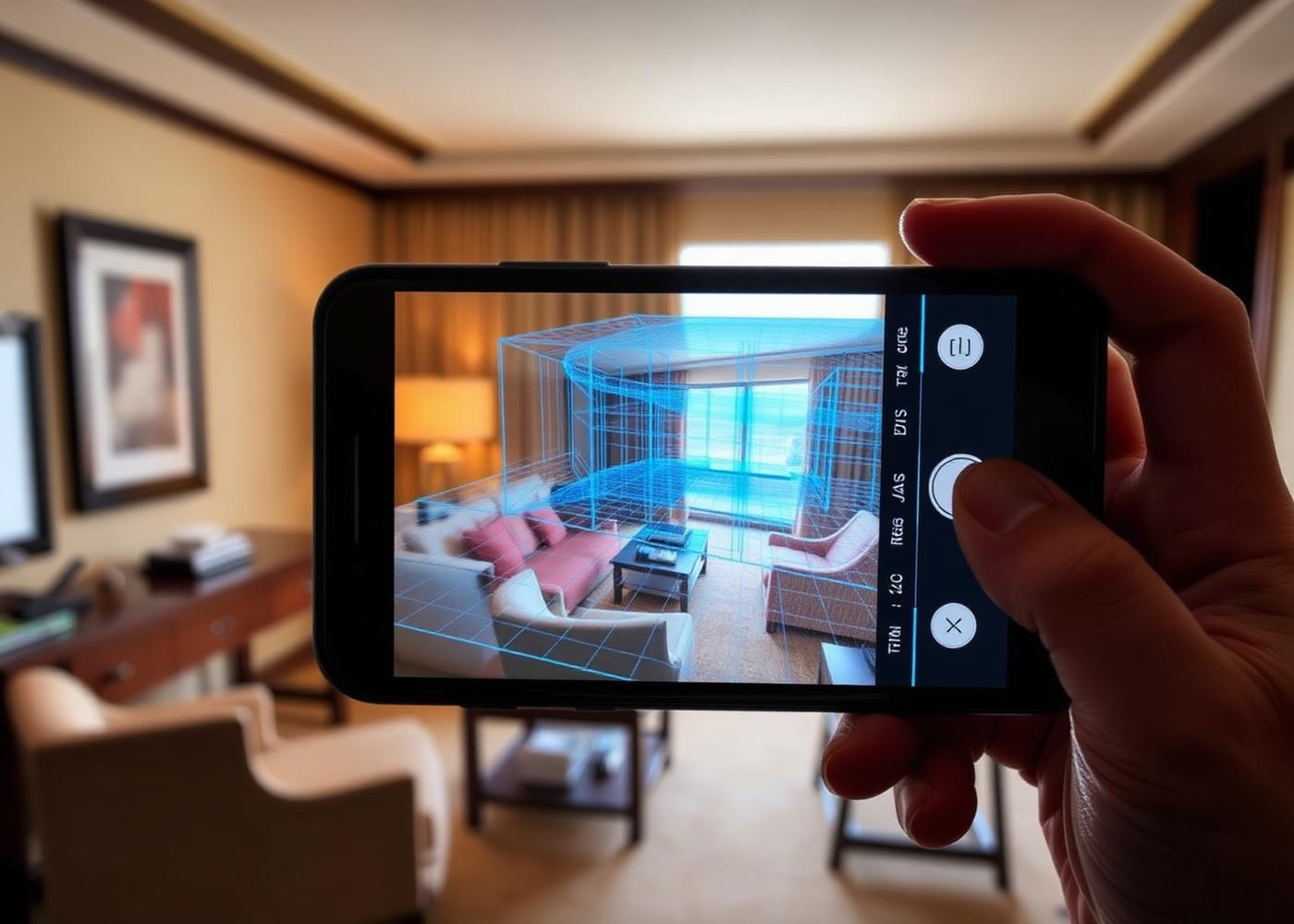 A LiDAR iPhone scanning a hotel room, mesh overlay visible on screen